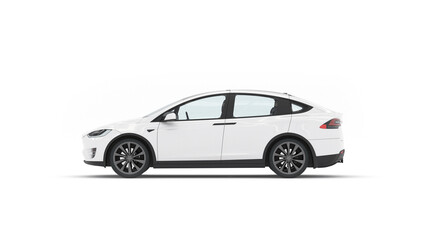 Set of Blank White Electric Vehicle (EV) Mockups Isolated. Modern Sedan, SUV, and Hatchback Car Templates. 3D Render.