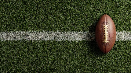 American Football on Green Artificial Turf Field Next to White Line Overhead Shot