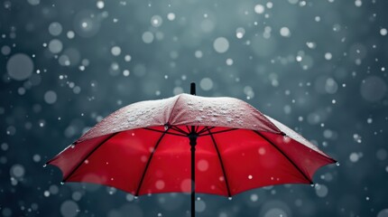 Snowflakes fall gently around a bright red umbrella set against a dark, cloudy sky. The scene captures the chill of winter and the beauty of a snowy day in a tranquil setting