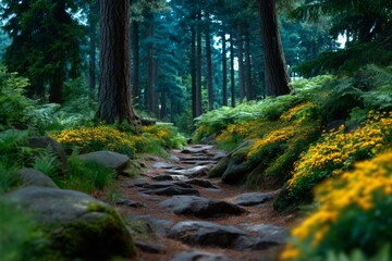 Fototapeta premium Serene Forest Path Lined with Wild Yellow Flowers and Lush Ferns, Misty Woodland Ambiance