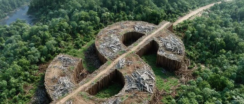 Dollar Sign in Deforestation: Aerial view of a giant dollar sign etched into a forest landscape, intersected by a road, symbolizing the intersection of financial interests and environmental impact. 