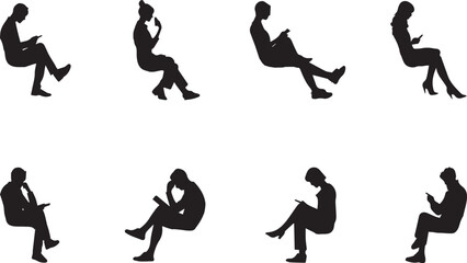 Silhouette illustration of men and women sitting and reading books in various poses, representing education, study, focus, and knowledge, ideal for learning, literacy, and library concept designs