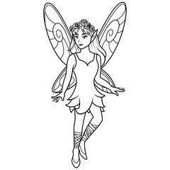 Fairy with Floral Crown and Elegant Wings Line Art