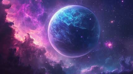 A vivid image of an ice planet on the edge of a shimmering nebula