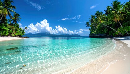 Fototapeta premium Tranquil beach day with crystal clear water tropical island photography scenic nature wide angle relaxation concept