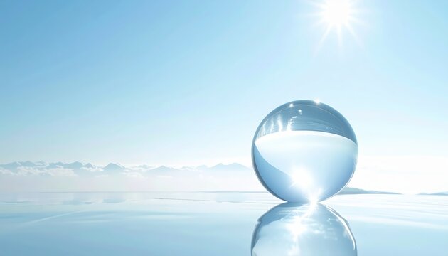 Reflection of a crystal sphere on a serene blue surface tranquil landscape minimalist photography open space calm concept