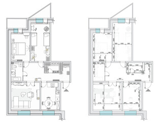 Architectural measuring plan of apartment and floor plan of arrangement of furniture, view from above. Vector interior house in top view
