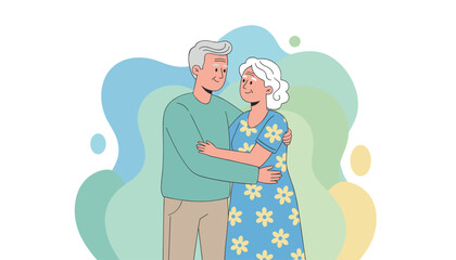 A tender illustration of a loving senior couple embracing and looking at each other with affection, set against a soft, abstract background of flowing pastel shapes in blue, green, and yellow