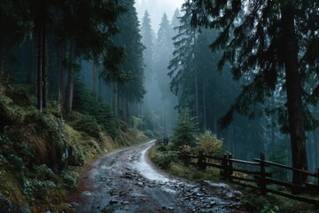 Winding wet path through a misty mountain forest scene in the Carpathian Mountains of Ukraine after rainfall, with tall pine trees