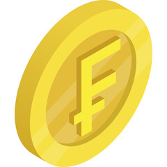 Golden Swiss Franc Coin with F Symbol in Isometric View on White Background