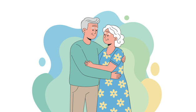 A tender illustration of a loving senior couple embracing and looking at each other with affection, set against a soft, abstract background of flowing pastel shapes in blue, green, and yellow