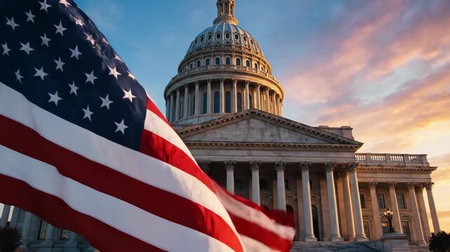 U.S. Capitol Building with American Flag at Sunrise