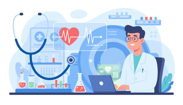 Modern medical laboratory scene featuring a doctor in a white coat analyzing data on a laptop, with a stethoscope, heart monitor displaying a vital sign graph, and various laboratory equipment like