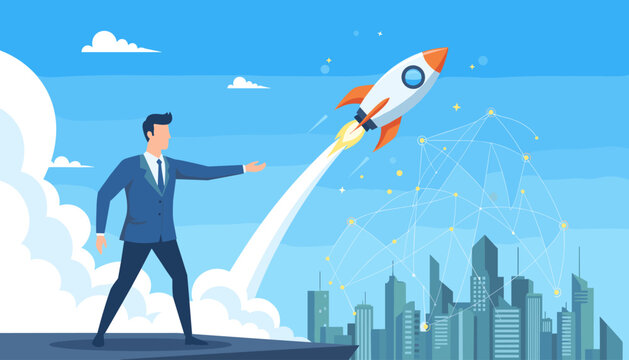 Vibrant startup business concept illustration featuring a businessman in a suit launching a rocket into a clear blue sky above a modern cityscape, symbolizing growth, innovation, and global