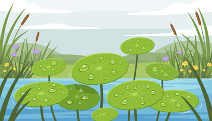 Vibrant illustration of lush green water pennywort leaves adorned with sparkling dew drops, glistening after a refreshing rainfall, set against a serene backdrop of reeds, delicate purple and yellow