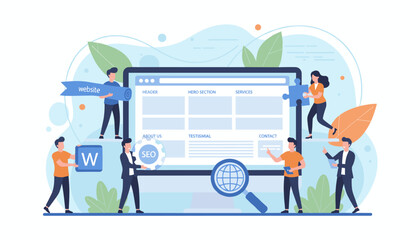 Team of professionals collaborating on website development, building a homepage layout with SEO optimization and a global search icon, symbolizing digital marketing strategy and online business