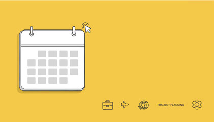Clean white calendar icon with a cursor hovering over it, set against a vibrant solid yellow background, accompanied by icons representing business, travel, and project planning, symbolizing