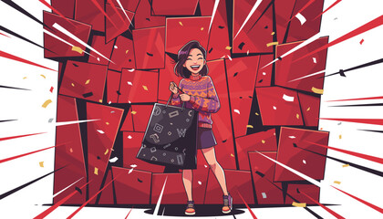 Joyful young woman with a shopping bag, celebrating Black Friday amidst a vibrant explosion of red geometric shapes and confetti, symbolizing consumer excitement and successful retail therapy.