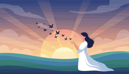 A woman in a flowing white dress stands with her hands outstretched, releasing a flock of birds into the vibrant sky during a breathtaking sunset over a serene landscape, symbolizing freedom, hope