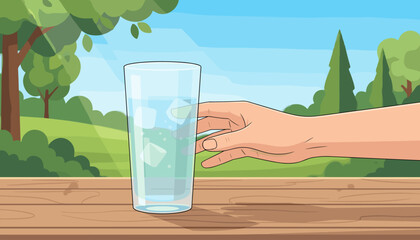 A woman's hand reaches out to grasp a tall, clear glass filled with cool, refreshing water and ice cubes, set on a wooden table outdoors amidst a lush green park with dappled sunlight filtering
