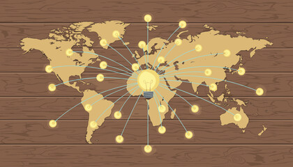 Global network of ideas represented by glowing light bulbs connected across a world map illustration on a rustic wooden background, symbolizing innovation and communication worldwide.