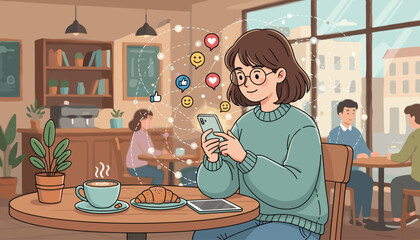 Young woman with glasses engrossed in her smartphone, surrounded by social media icons like hearts and thumbs-up, while sitting in a cozy cafe with coffee and a croissant, illustrating digital