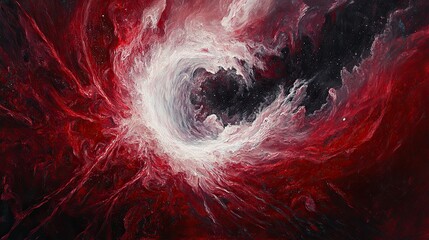 An abstract cosmic vortex of platinum-white and crimson hues