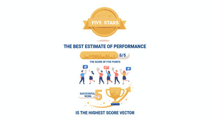 3D illustration of a five-star rating system, representing the best estimate of performance and successful work, with a trophy and upward arrow symbolizing achievement and high scores, perfect for