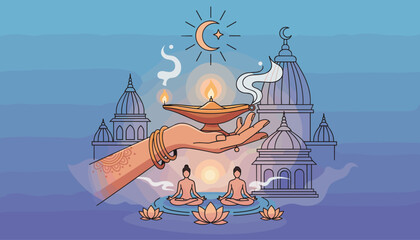 Vivid illustration of a woman's hand adorned with bangles and henna, holding a traditional oil lamp with a flame and smoke, symbolizing spirituality and peace, set against a backdrop of serene yoga
