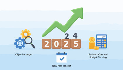 Conceptual illustration of business growth and financial planning for the year 2025, featuring wooden blocks with numbers, a rising green arrow graph, gears, a magnifying glass, coins, and a