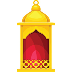 Golden Traditional Islamic Lantern With Red Glass Window Illuminated With Warm Glow And Intricate Patterns White Background