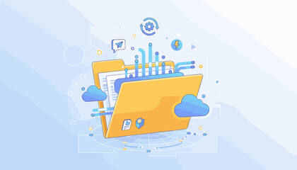 Vibrant yellow document storage folder illustration with digital data streams, clouds, and network connections, symbolizing cloud computing, data management, and information technology in a modern