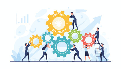 Diverse team of professionals collaborating to build a successful business by working together, demonstrating teamwork, efficiency, support, and innovation through interconnected gears and upward