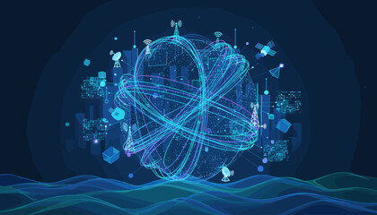 Abstract visualization of a global telecommunication network connecting cities and satellites with intricate digital lines, representing data flow and advanced technology, set against a dark blue