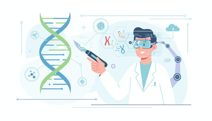 Futuristic scientist in VR headset using scalpel to manipulate a DNA double helix, surrounded by holographic genetic symbols and data visualizations, representing advancements in biotechnology and