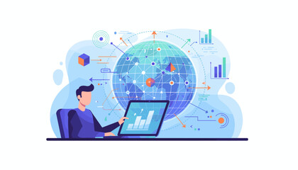 Abstract illustration of a businessman interacting with a laptop displaying financial charts, surrounded by a glowing globe with network connections and data visualizations, symbolizing global