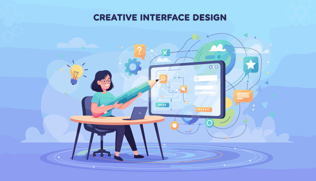 Creative interface design concept with a woman designer using a giant pencil to draw on a digital screen, surrounded by icons, gears, and a lightbulb representing ideas and innovation, modern flat - Powered by Adobe