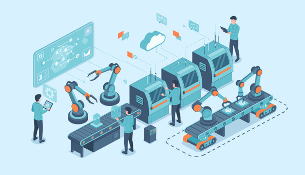 Isometric illustration of a futuristic automated production line featuring robotic arms, conveyor belts, and human workers interacting with advanced technology and digital interfaces, representing