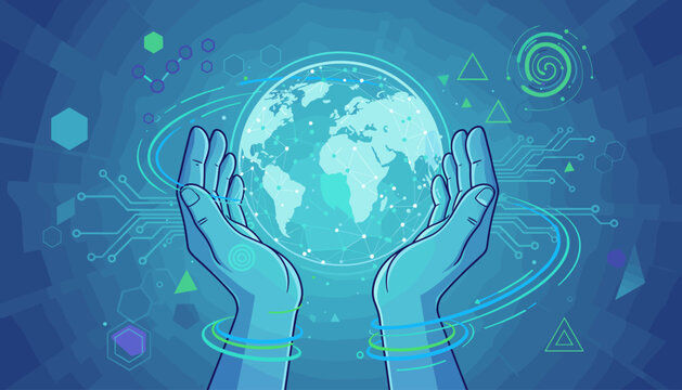 Abstract illustration of two hands cradling a glowing digital globe, representing global network connection, technology, and scientific advancement, set against a futuristic blue background with