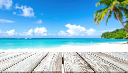 Fototapeta premium Relaxing beach day with tropical vibes sandy shoreline photo bright blue sky scenic viewpoint summer escape