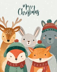 Fototapeta premium Cute woodland animals celebrating Christmas in festive attire