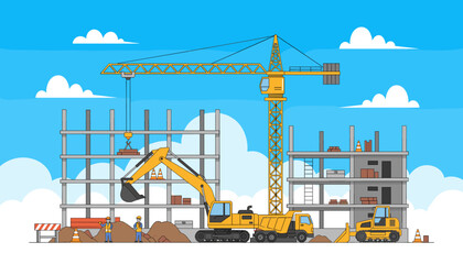 Vibrant illustration of a busy construction site featuring yellow heavy machinery like a crane, excavator, and dump truck, alongside unfinished building structures, workers, and clouds against a