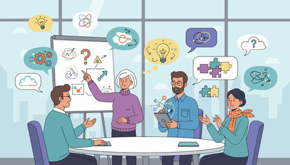 Diverse team of professionals collaborating in a modern office meeting room, brainstorming ideas with visual aids on a whiteboard and digital tablet, symbolizing teamwork, innovation, and