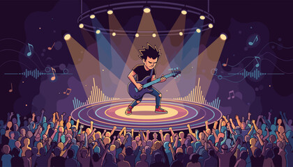 Energetic rock guitarist with spiky hair passionately playing an electric guitar on a brightly lit concert stage, surrounded by a cheering crowd with hands raised, symbolizing live music performance