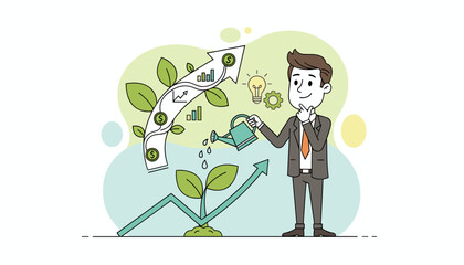 A thoughtful businessman in a suit waters a growing plant that symbolizes business growth, with upward trending arrows, dollar signs, bar charts, and a lightbulb representing ideas and revenue