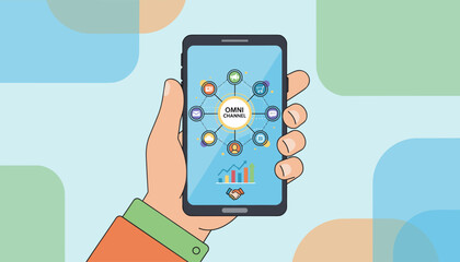 Close-up of a hand holding a smartphone, displaying a vibrant omni-channel network diagram with icons representing communication, shopping, social media, and analytics, symbolizing integrated