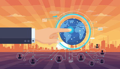 Close-up of a businessman's hand in a suit jacket touching a glowing blue circle representing a global network connection, with a cityscape silhouette and a vibrant orange sunset sky in the