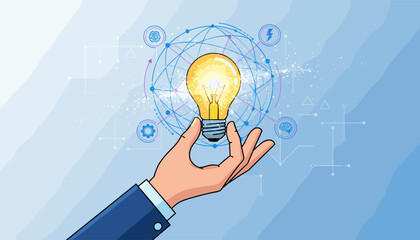 Close-up of a businessman's hand in a suit holding a glowing incandescent light bulb against a backdrop of a digital network with icons representing ideas, technology, and innovation, symbolizing