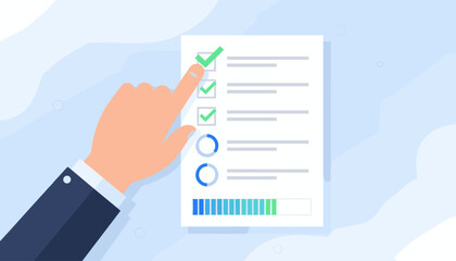 Close-up of a businessman's hand in a suit jacket and white shirt sleeve, pointing and ticking a green checkmark on a paper checklist with progress bars and circular indicators, symbolizing task