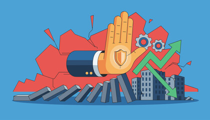 Conceptual illustration of a hand in a suit stopping a domino effect of falling blocks, symbolizing business crisis prevention, protection, and stability against economic downturn, with gears and a